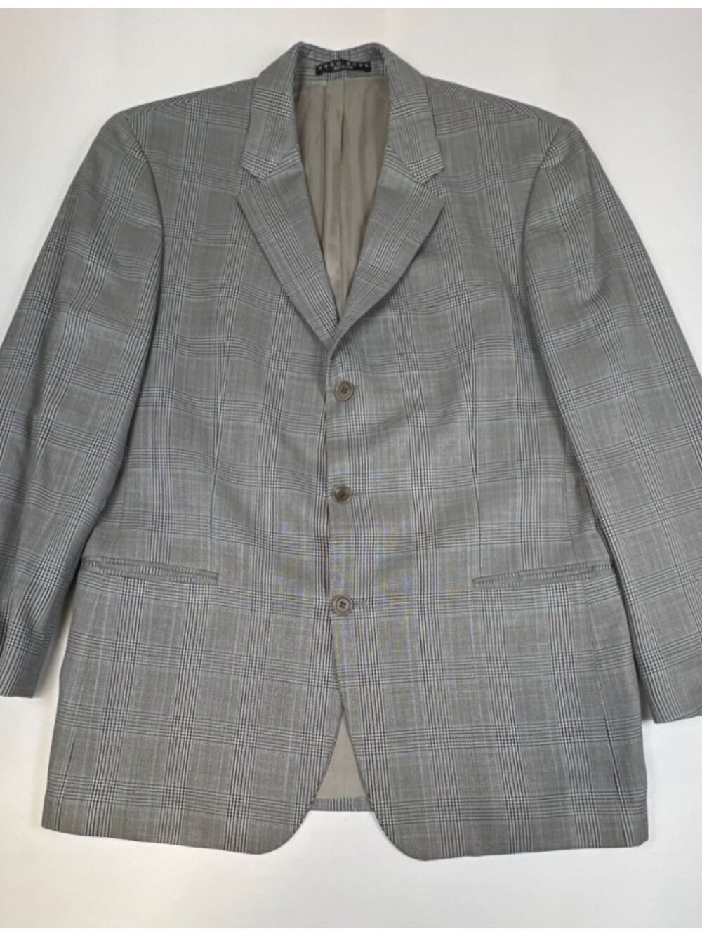 Vintage Hugo Boss Mens 42R Silk-Wool Glen Plaid Blazer Sport Coat Grey USA Rare